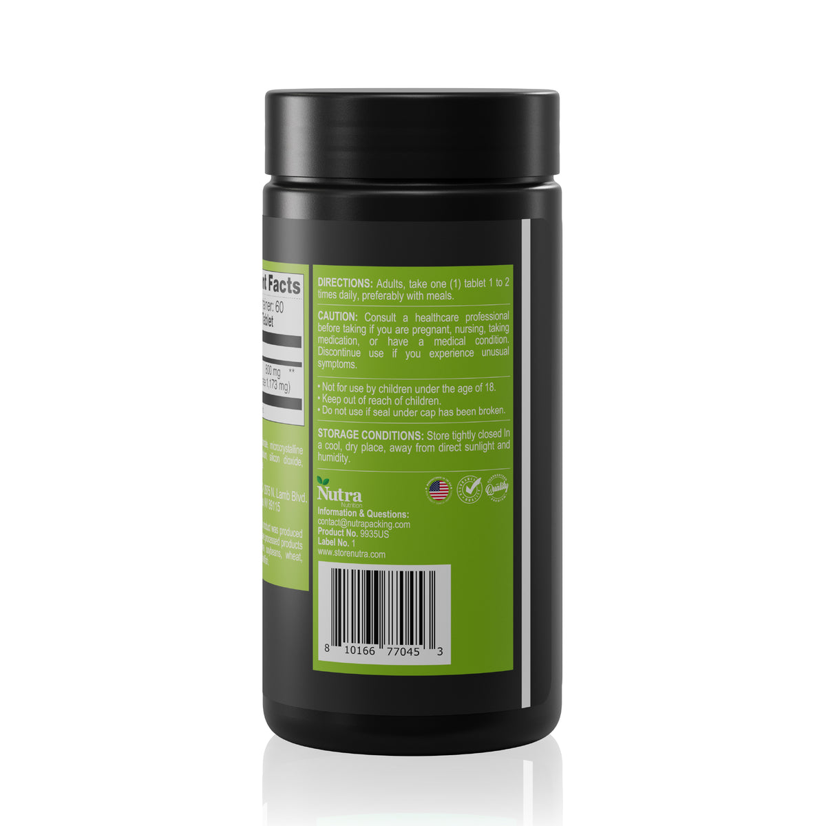 L-Carnitine Tartrate supplement bottle back label with directions and barcode