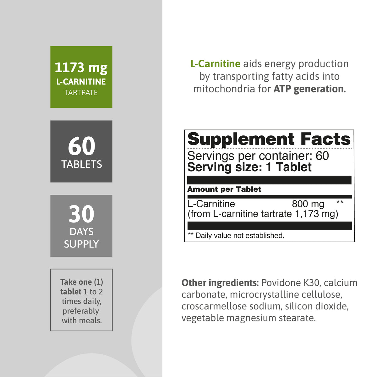 L-Carnitine Tartrate supplement facts panel with 1173 mg per serving and 60 tablets