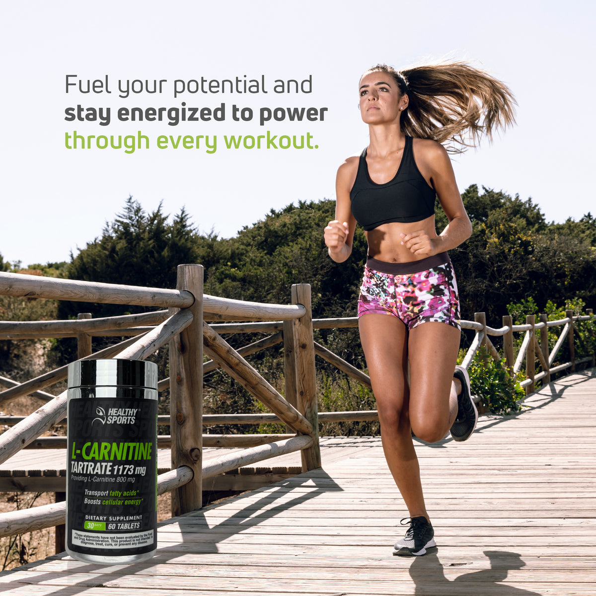 L-Carnitine Tartrate lifestyle image with woman running outdoors for workout energy and performance support