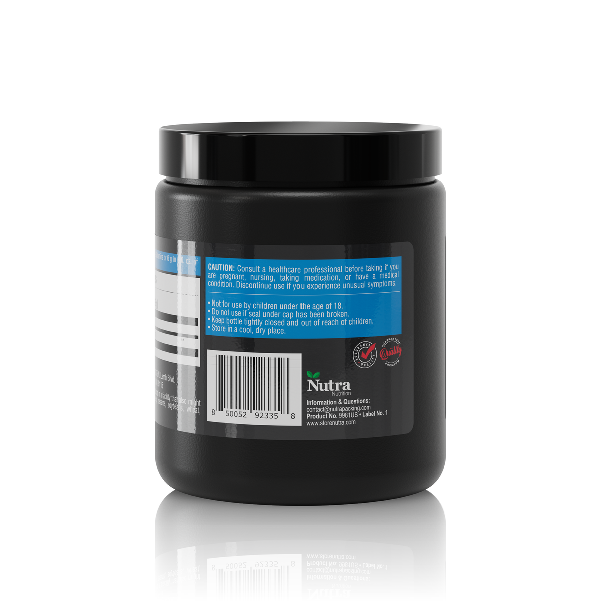 Back label view of L-Glutamine 6000 mg powder supplement with barcode and storage directions.