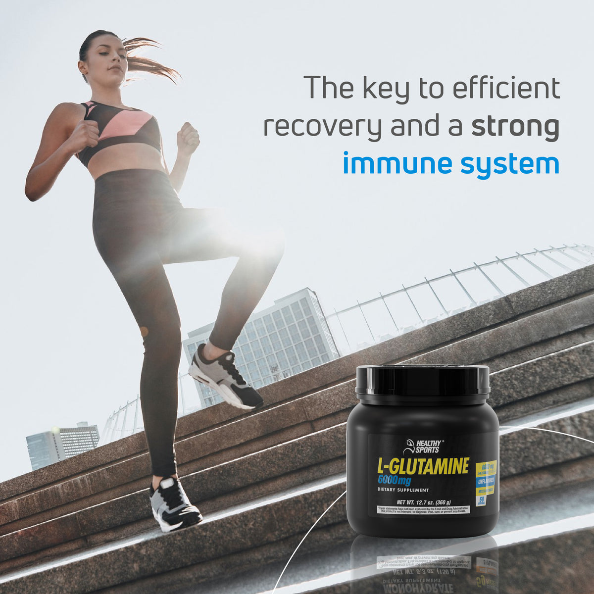 Woman running stairs with L-Glutamine 6000 mg powder for efficient recovery and immune support.