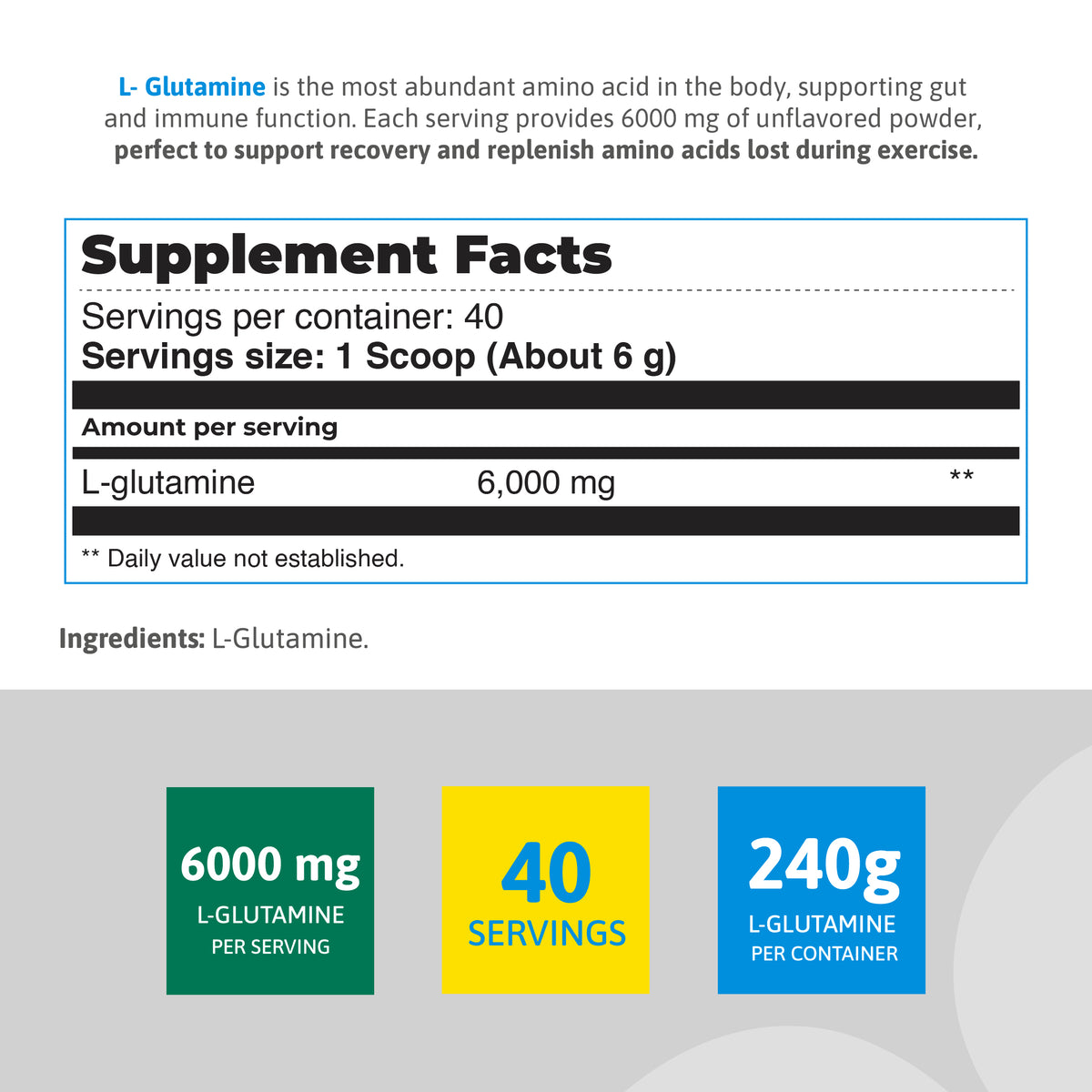 Supplement facts for L-Glutamine 6000 mg unflavored powder with 40 servings per container.
