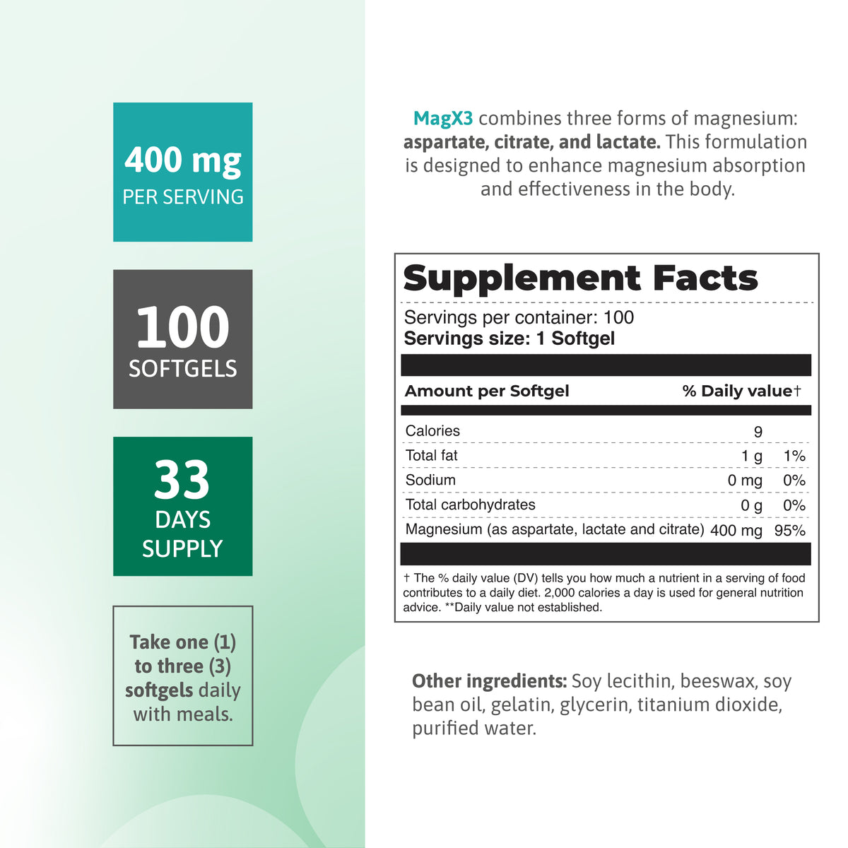 MagX3 magnesium supplement facts panel with 400 mg magnesium from aspartate, lactate and citrate, 100 softgels