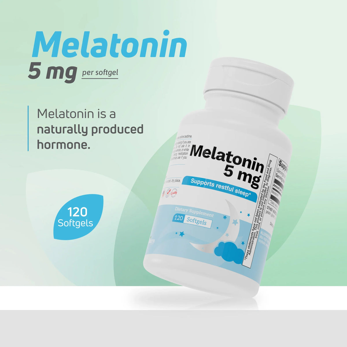 Melatonin 5 mg softgel supplement for natural sleep cycle support with 120 softgels