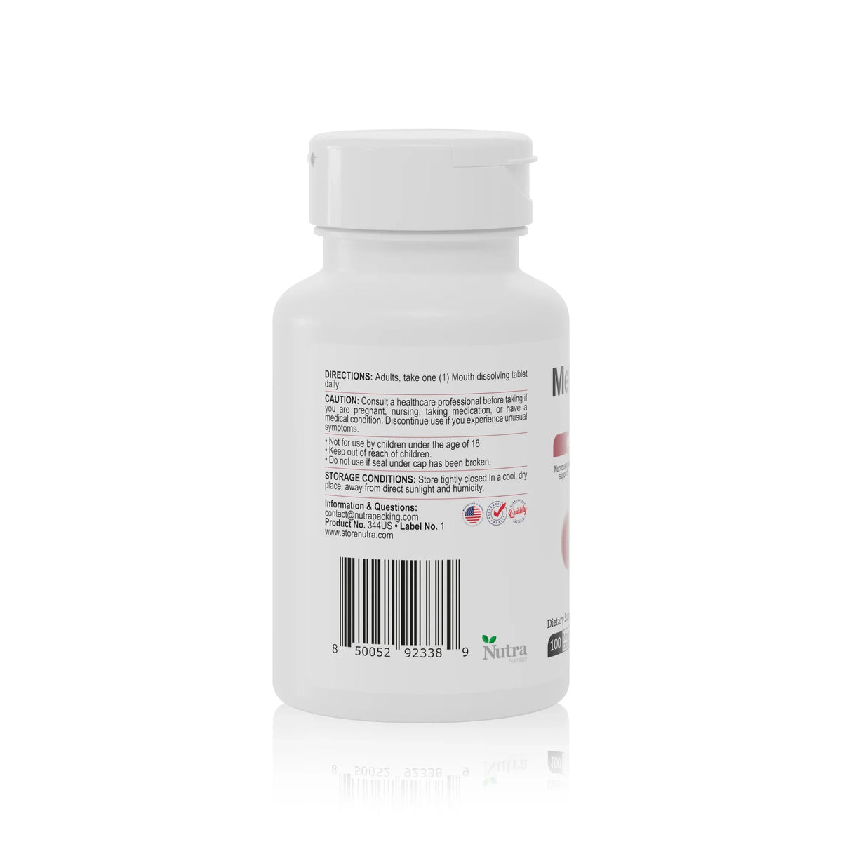 Methyl B12 3000 mcg supplement bottle back label with directions, caution information and barcode