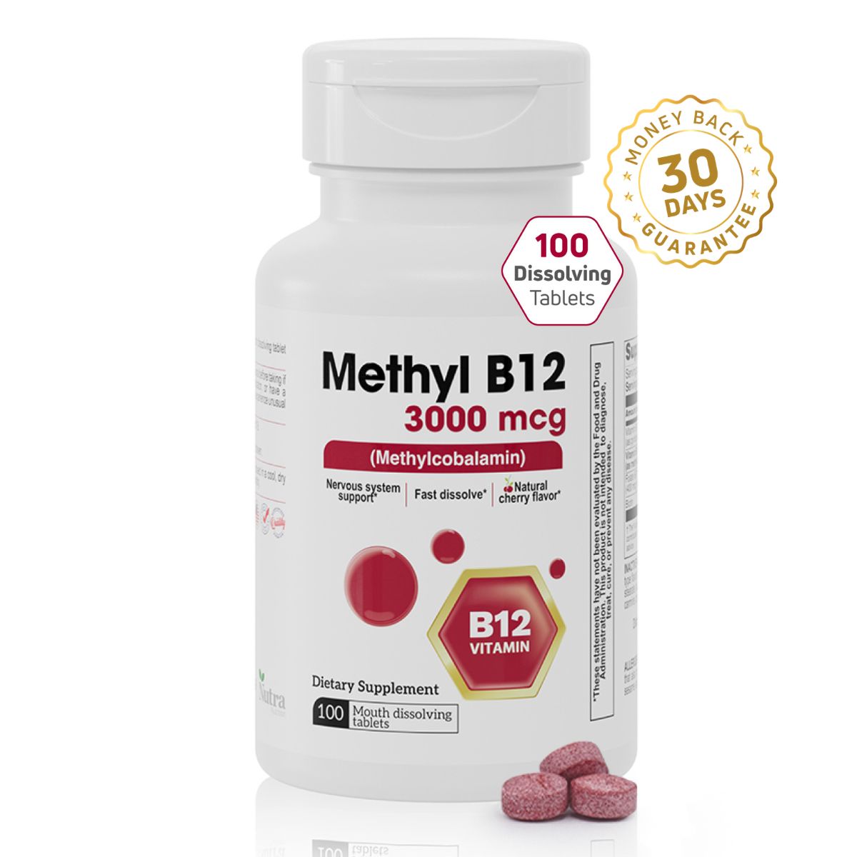 Methyl B12 3000 mcg methylcobalamin supplement bottle with 100 mouth dissolving cherry flavor tablets