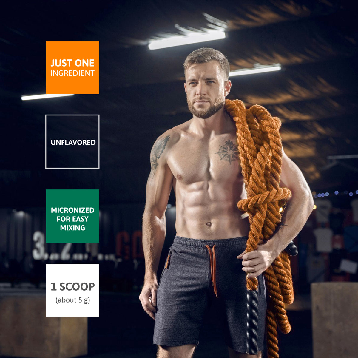 Fitness athlete with Creatine Monohydrate benefits including one ingredient, unflavored powder and easy mixing.
