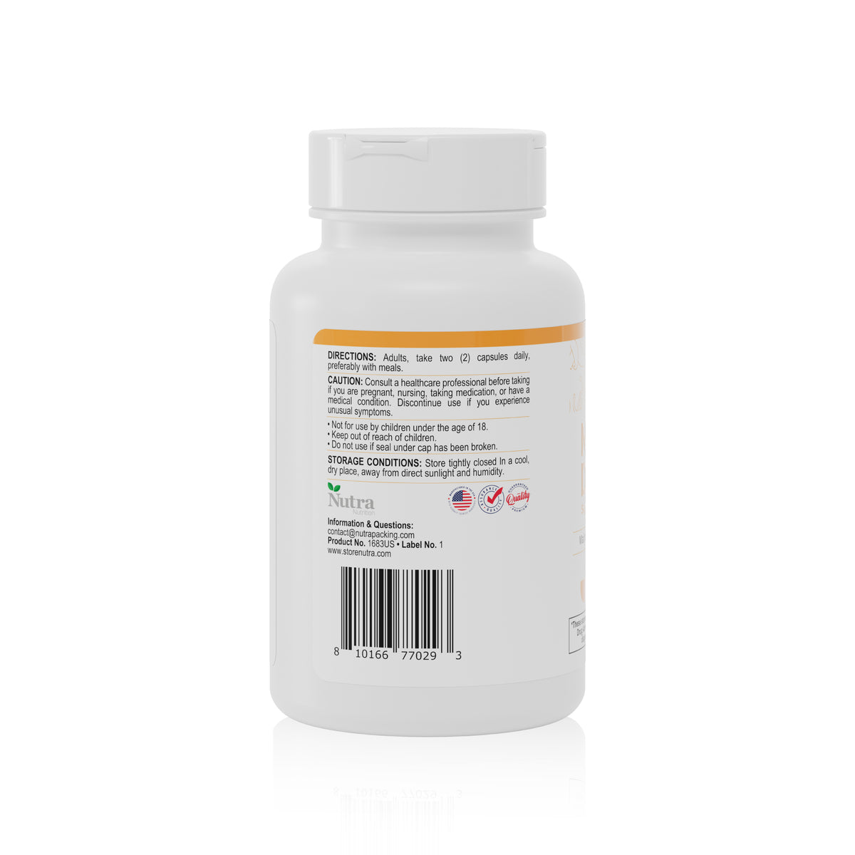 Back view of Mush Defense supplement bottle showing directions, barcode and 60 capsule packaging.