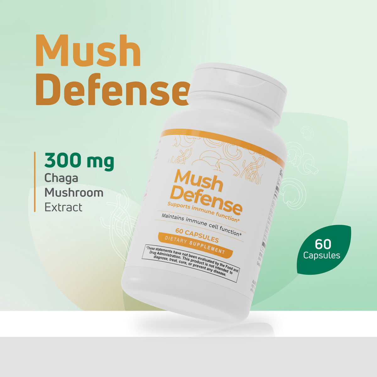 Mush Defense supplement featuring 300 mg Chaga mushroom extract and 60 capsules for immune support.