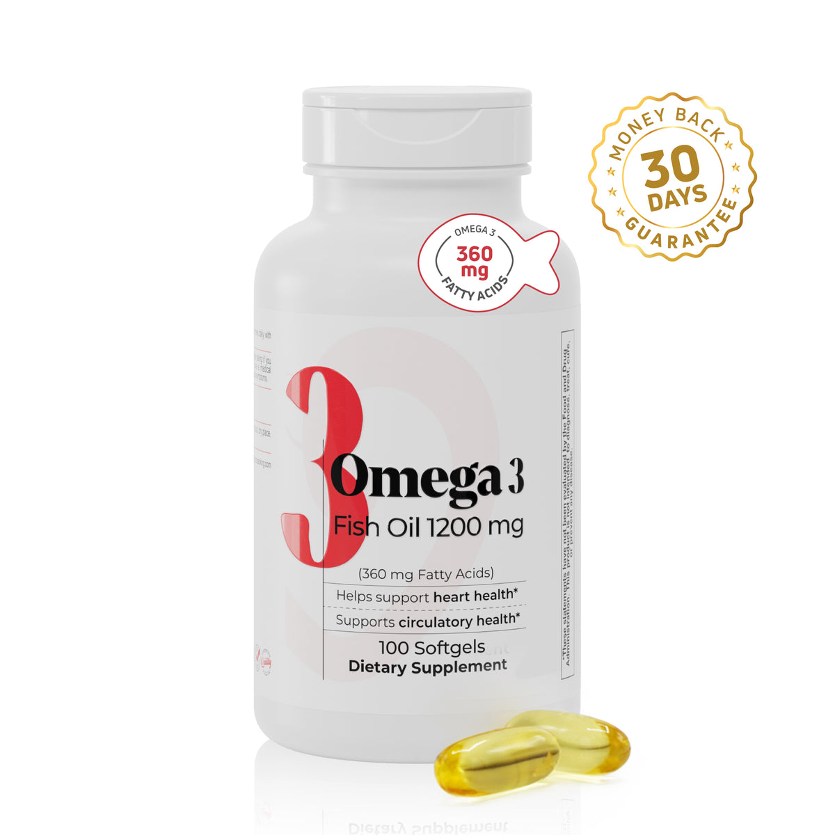 Omega 3 Fish Oil 1200 mg bottle with 100 softgels and 30-day money back guarantee badge.