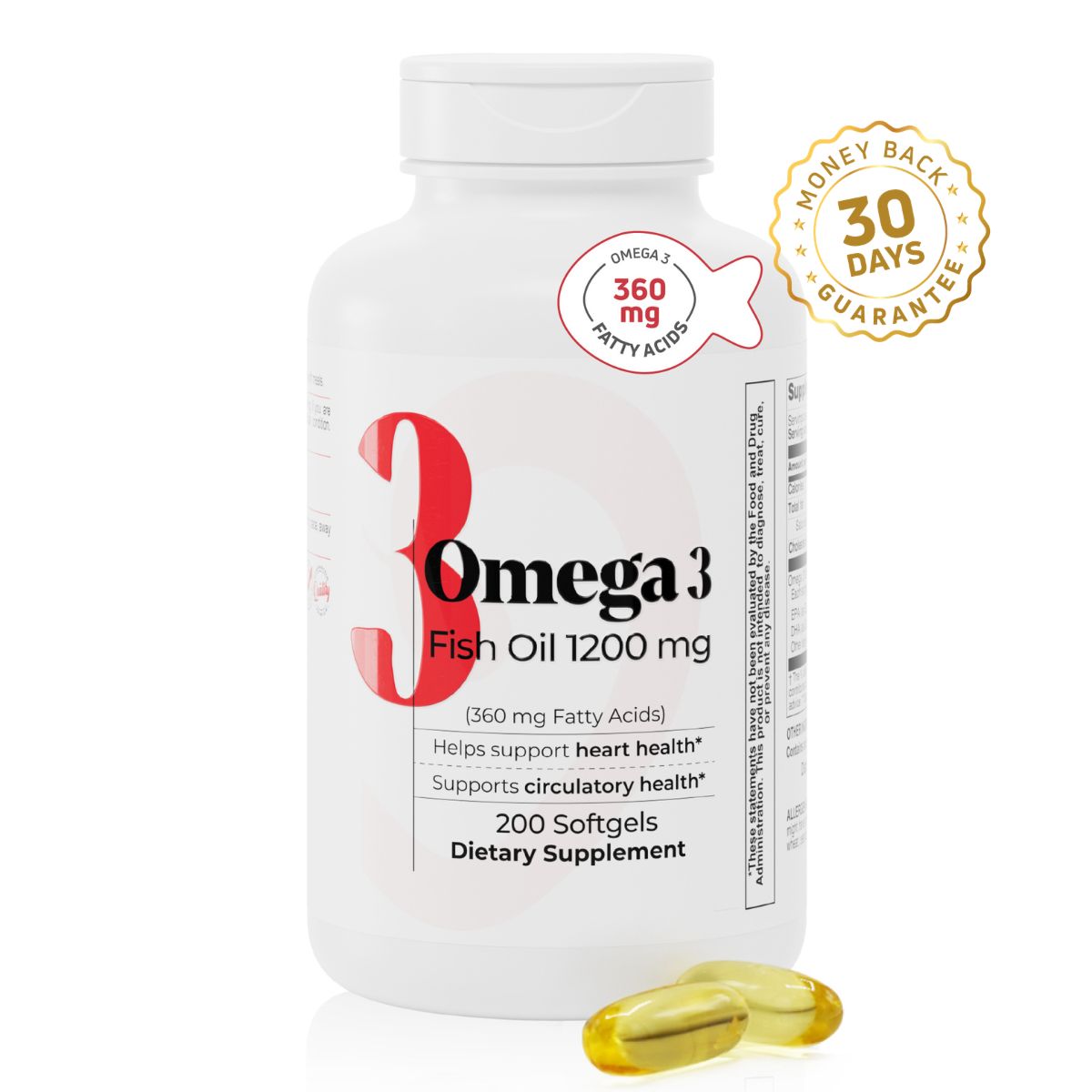 Omega 3 Fish Oil 1200 mg supplement bottle with 200 softgels and 360 mg fatty acids.