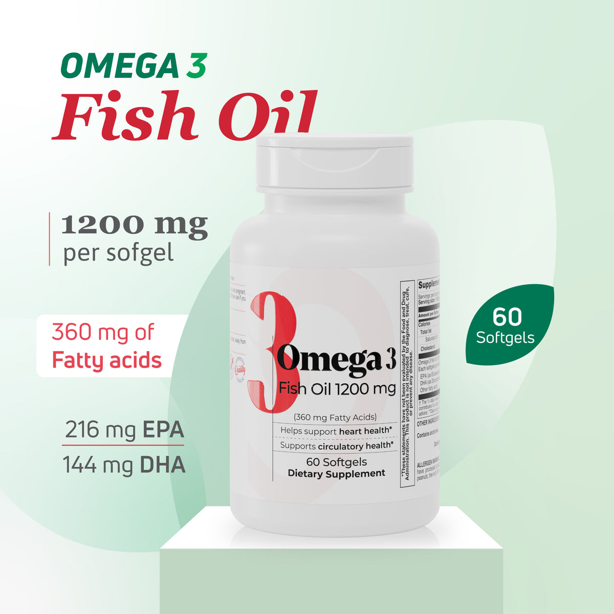 Omega 3 Fish Oil 1200 mg softgels with 360 mg fatty acids, EPA and DHA.