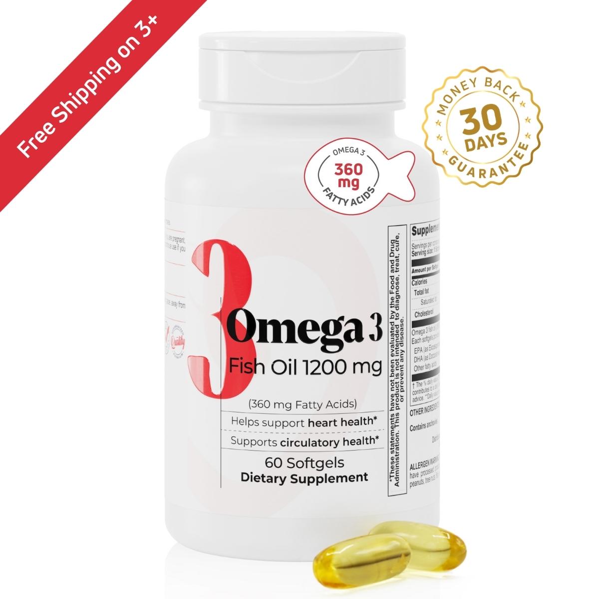Omega 3 Fish Oil 1200 mg bottle with 60 softgels, free shipping offer and guarantee badge.
