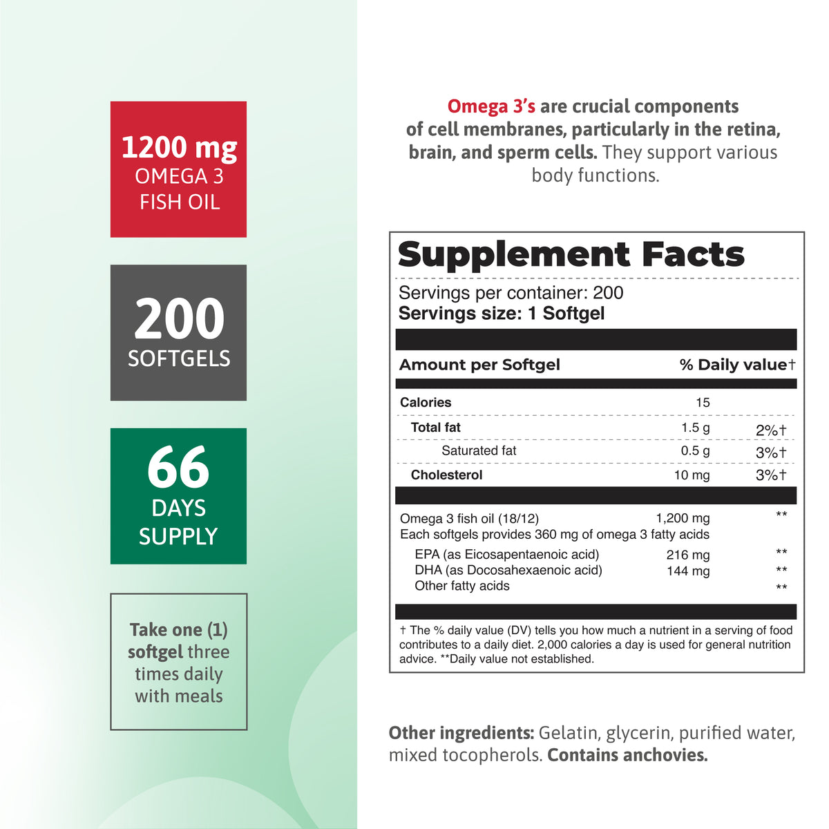 Supplement facts for Omega 3 Fish Oil 1200 mg with 200 softgels, EPA, DHA, and omega-3 fatty acids.