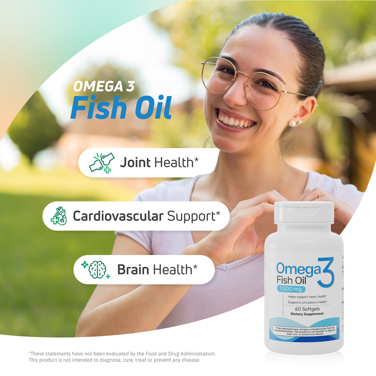 Woman smiling with Omega 3 Fish Oil supplement for joint, cardiovascular, and brain health support.