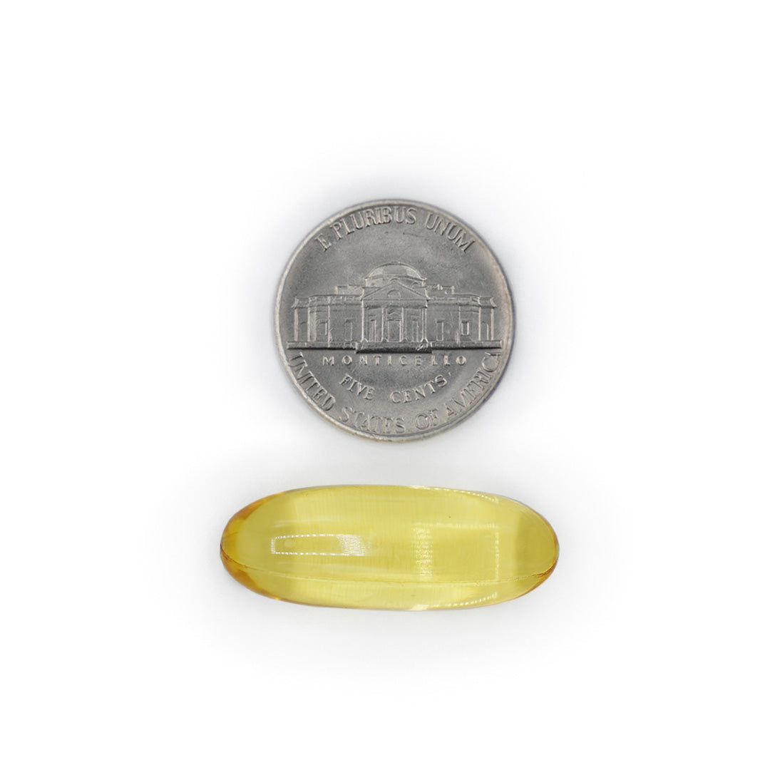 Omega 3 Fish Oil yellow softgel size comparison with a five cent coin