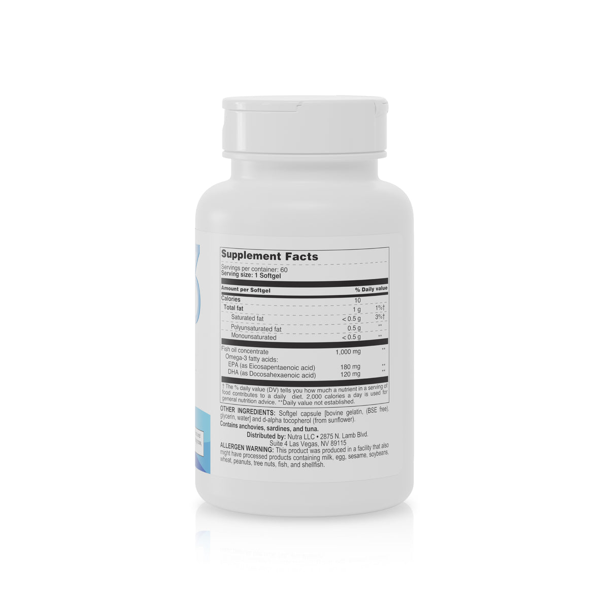 Omega 3 Fish Oil back label showing supplement facts, ingredients, and allergen information.