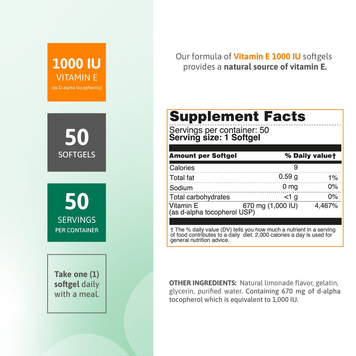 Plant Derived Vitamin E 1000 IU supplement facts panel with d-alpha tocopherol and 50 softgels