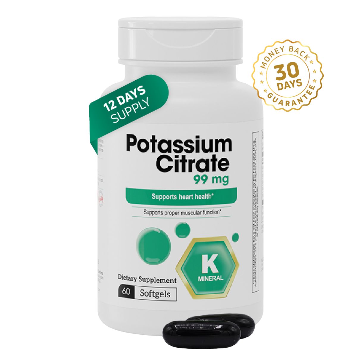 Potassium Citrate 99 mg supplement bottle with 60 softgels for heart health and muscle function support