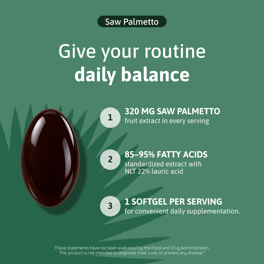 Saw Palmetto 320 mg fruit extract standardized to 85–95% fatty acids, with one softgel per serving for daily supplementation.