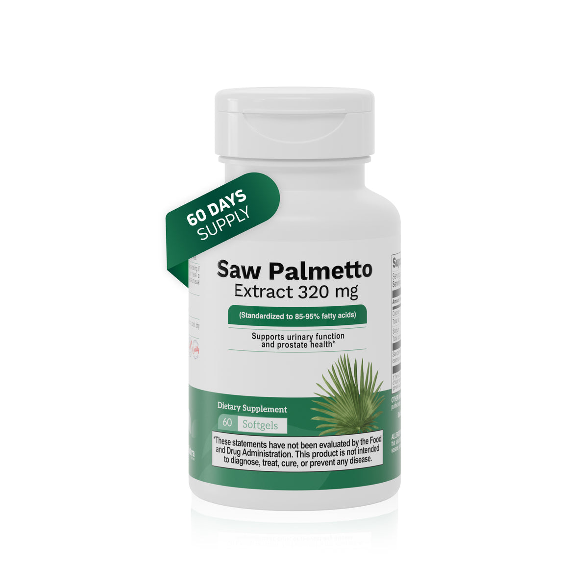 Saw Palmetto Extract 320 mg supplement bottle with 60 softgels and 60 day supply