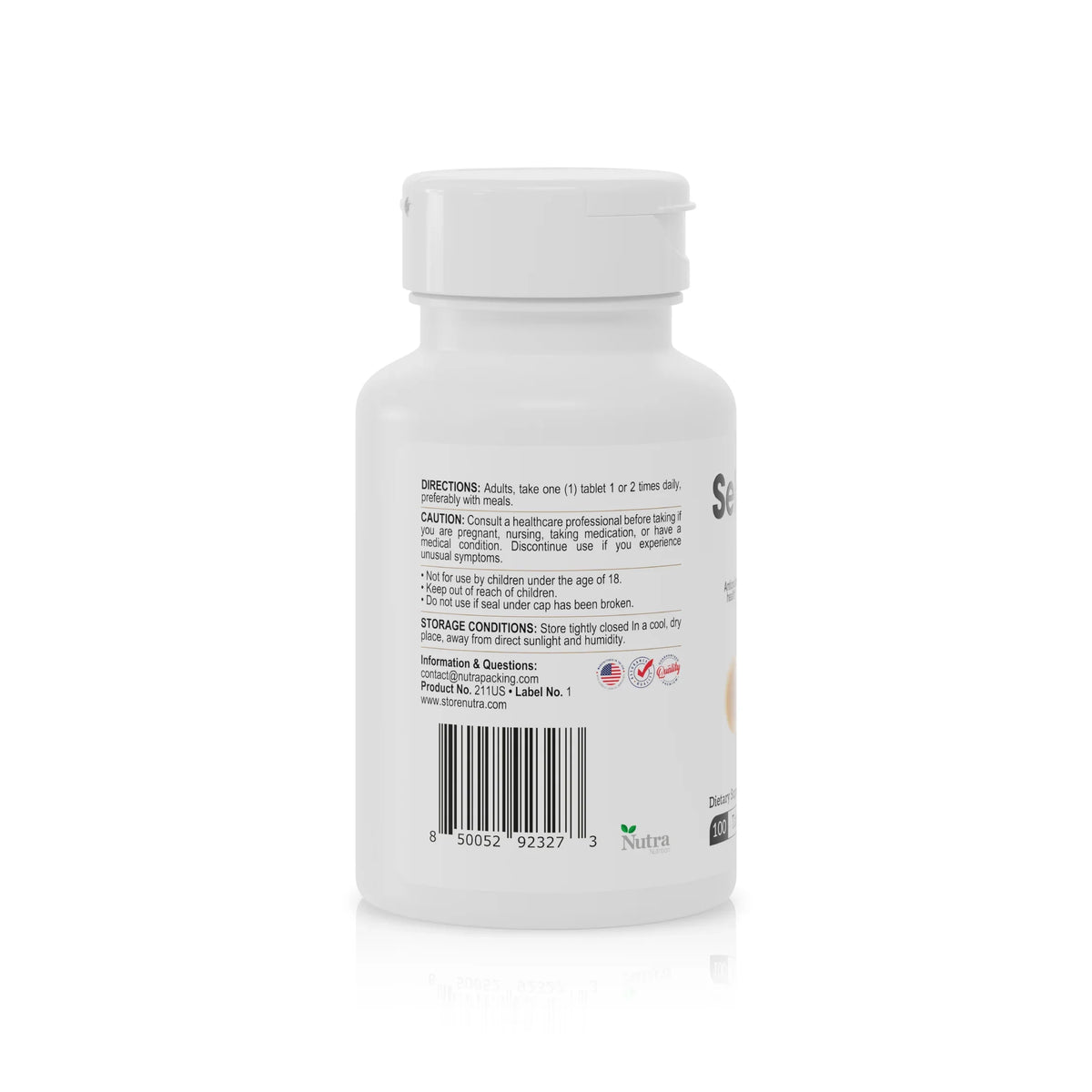 Selenium 200 mcg supplement bottle back label with directions, caution information and barcode