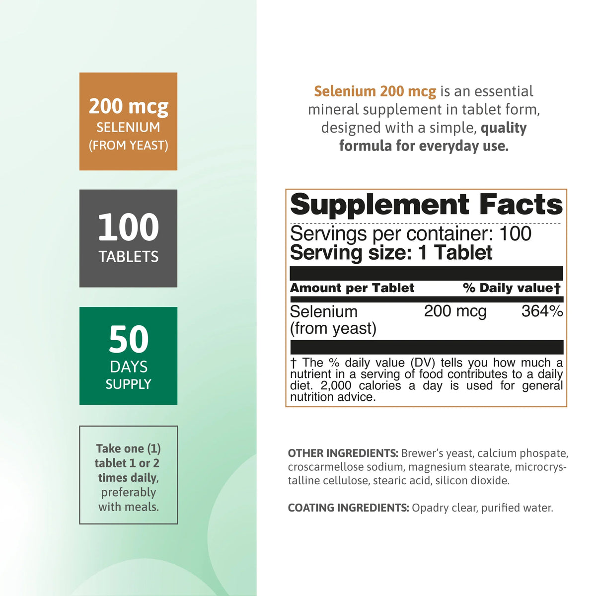 Selenium 200 mcg from yeast supplement facts panel with 100 tablets and 50 day supply
