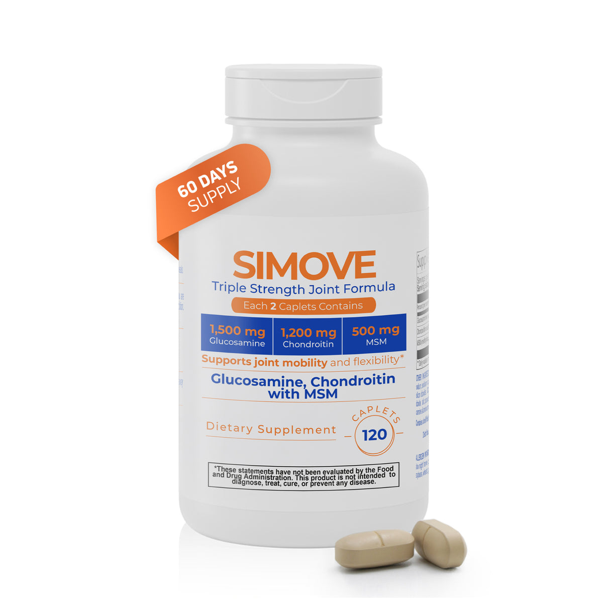 SIMOVE Triple Strength Joint Formula bottle with 120 caplets, glucosamine, chondroitin, and MSM.