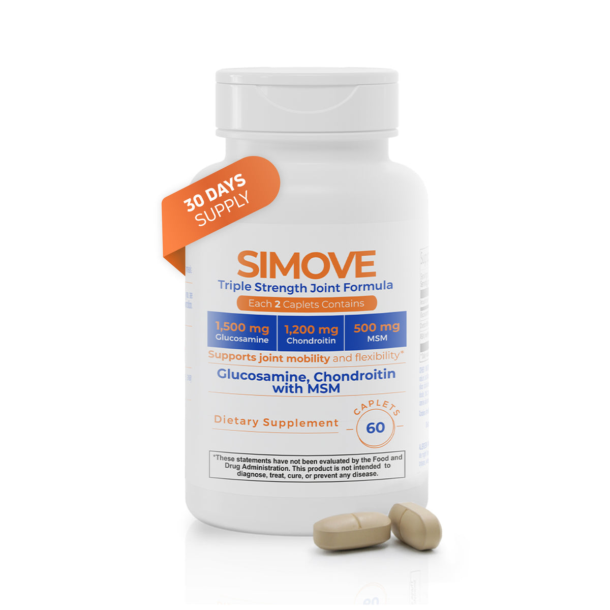 SIMOVE Triple Strength Joint Formula bottle with 60 caplets and glucosamine, chondroitin, and MSM.