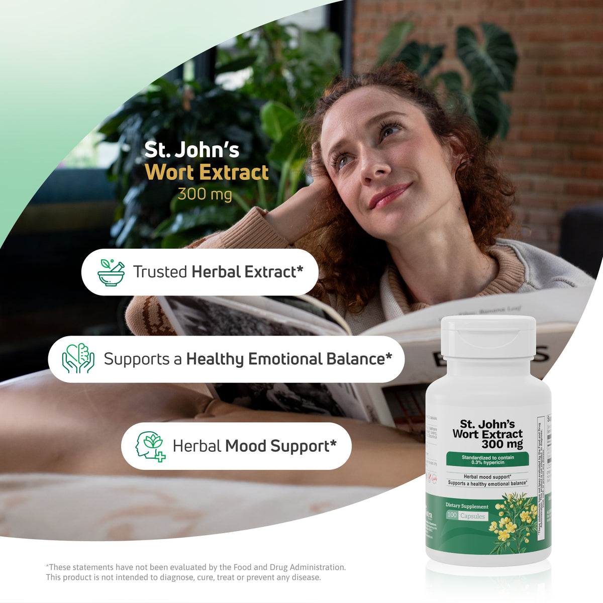 St. John’s Wort Extract 300 mg herbal supplement lifestyle image for mood support and emotional balance