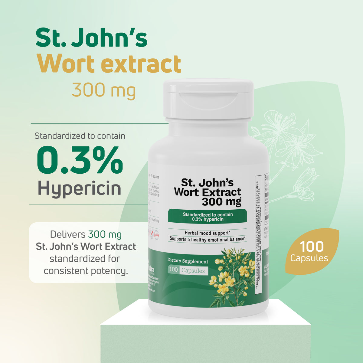 St. John’s Wort Extract 300 mg herbal supplement standardized to contain 0.3% hypericin with 100 capsules