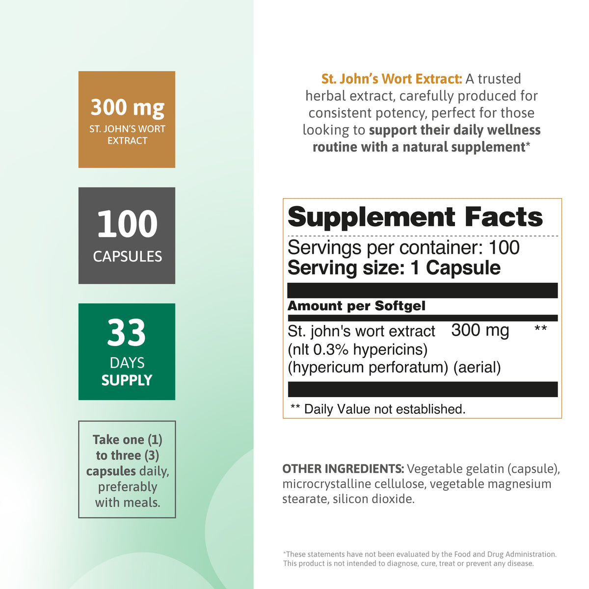 St. John’s Wort Extract supplement facts panel with 300 mg extract, 0.3% hypericin and 100 capsules