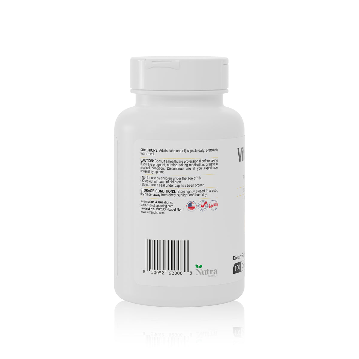 Vitamin C 1000 mg supplement bottle back label with directions, caution information and barcode
