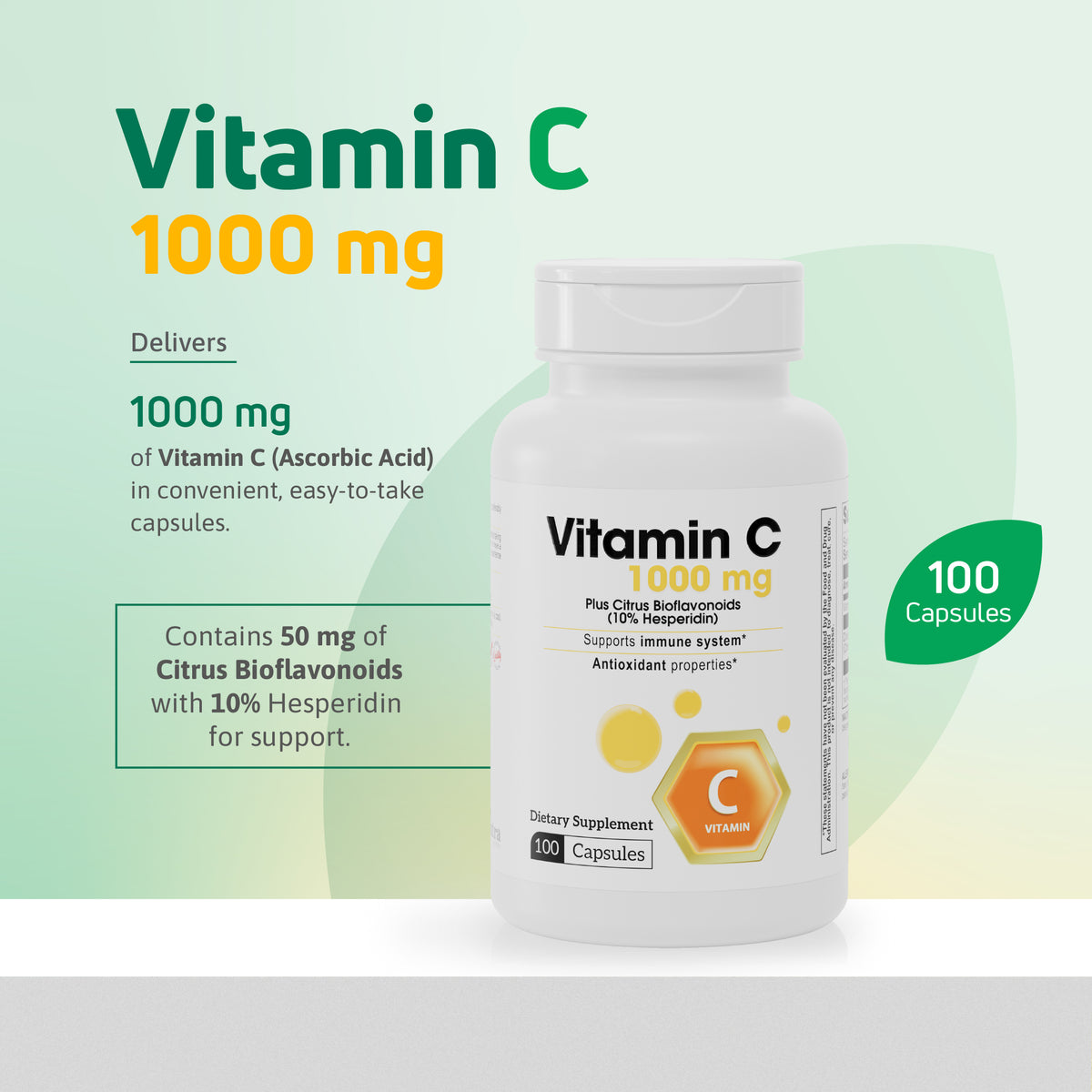 Vitamin C 1000 mg supplement with 50 mg citrus bioflavonoids and 10% hesperidin, 100 capsules
