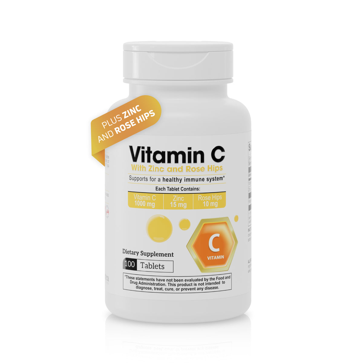 Vitamin C with Zinc and Rose Hips supplement bottle with 100 tablets