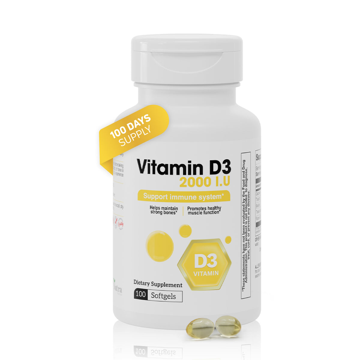 Vitamin D3 2000 IU supplement bottle with 100 softgels and 100 days supply.