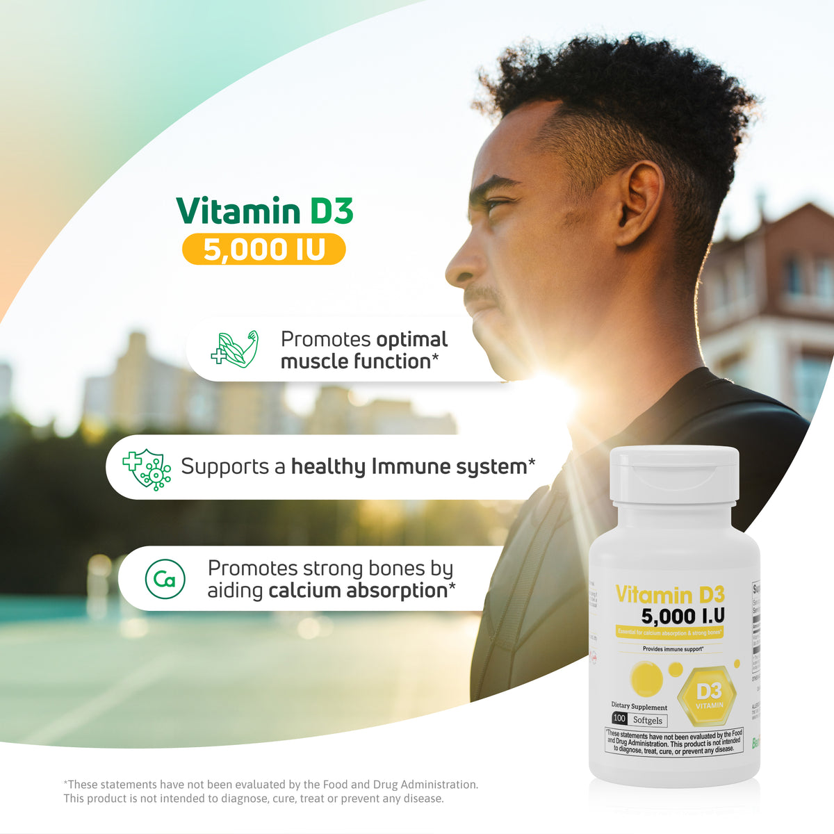 Vitamin D3 5000 IU lifestyle image highlighting bone health, immune support and muscle function.