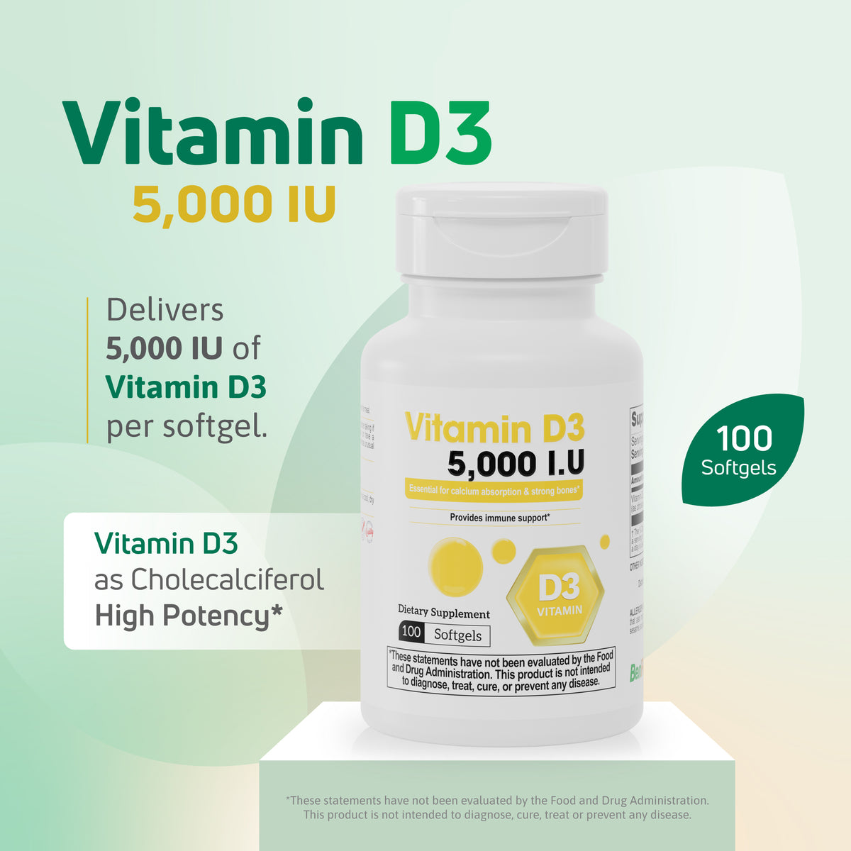 Vitamin D3 5000 IU cholecalciferol supplement with 100 high potency softgels.