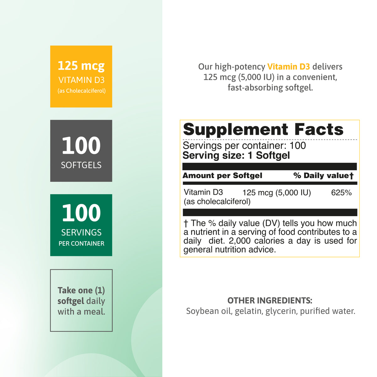 Supplement facts for Vitamin D3 5000 IU softgels with 125 mcg cholecalciferol per serving.