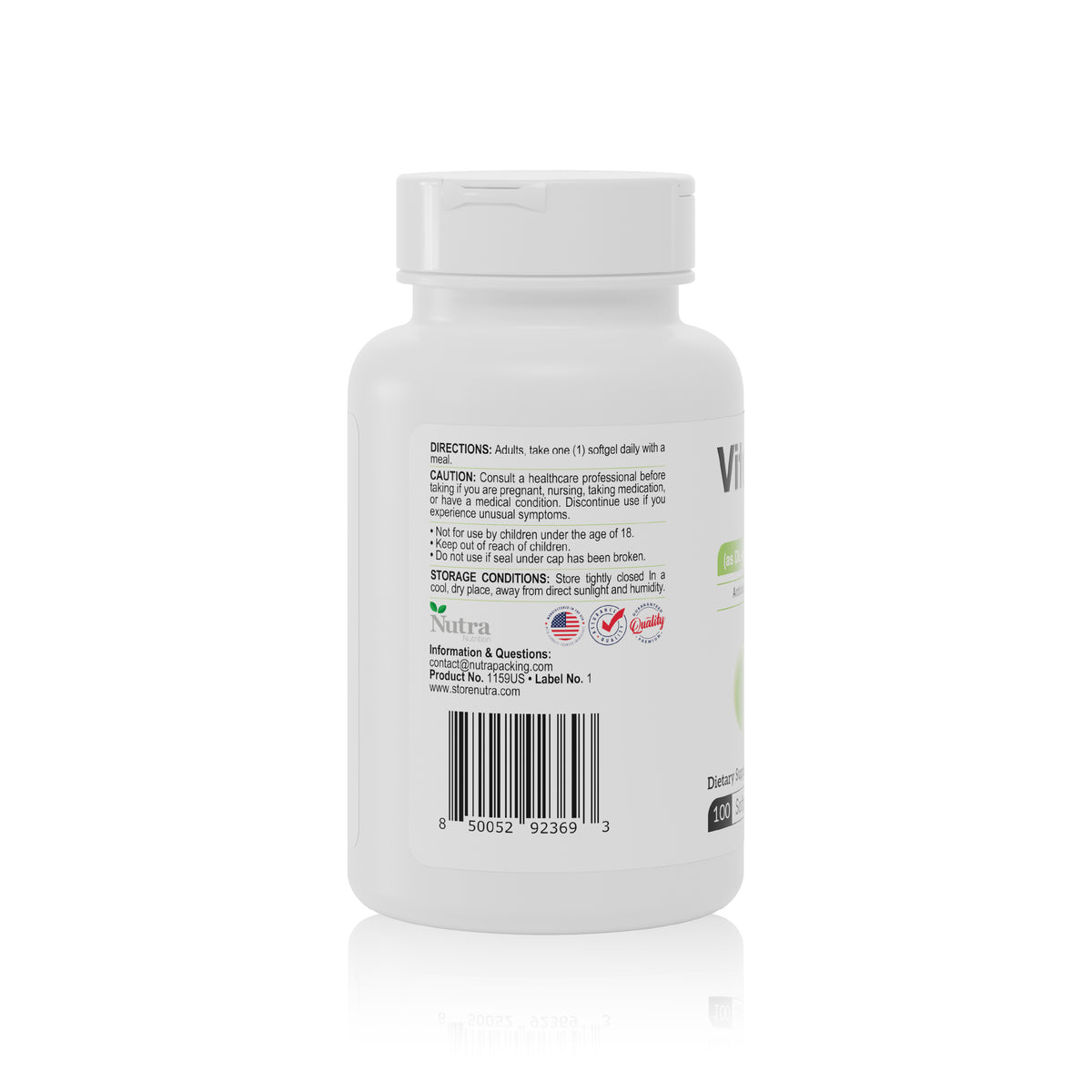 Back label view of Vitamin E 1000 IU supplement bottle with barcode and directions.