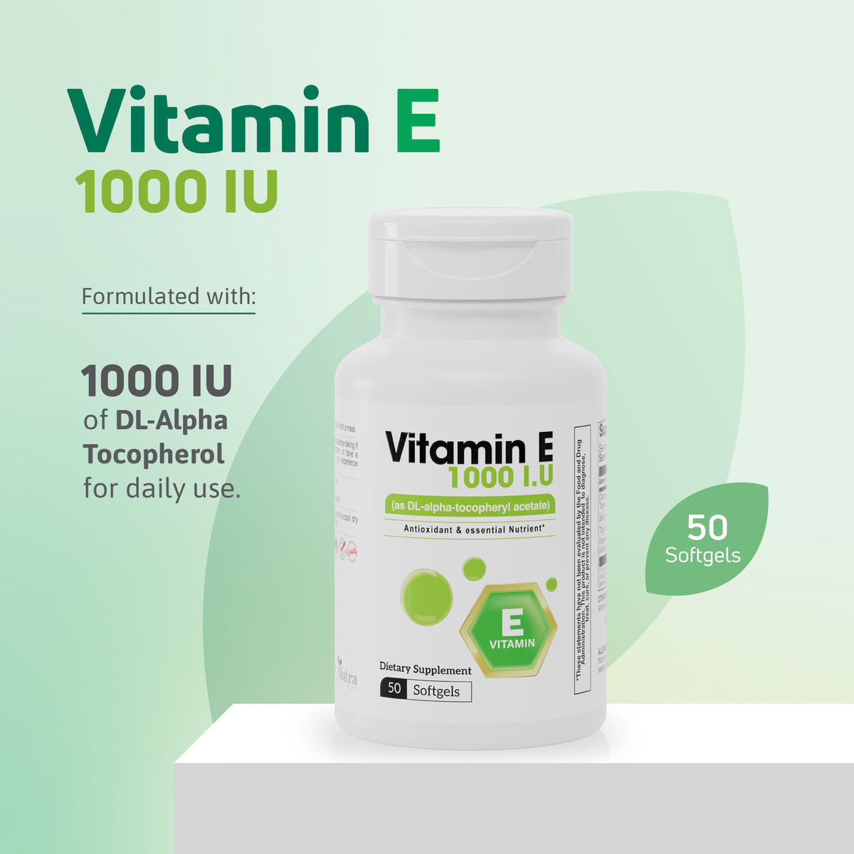 Vitamin E 1000 IU softgels formulated with DL-alpha tocopherol for daily use.