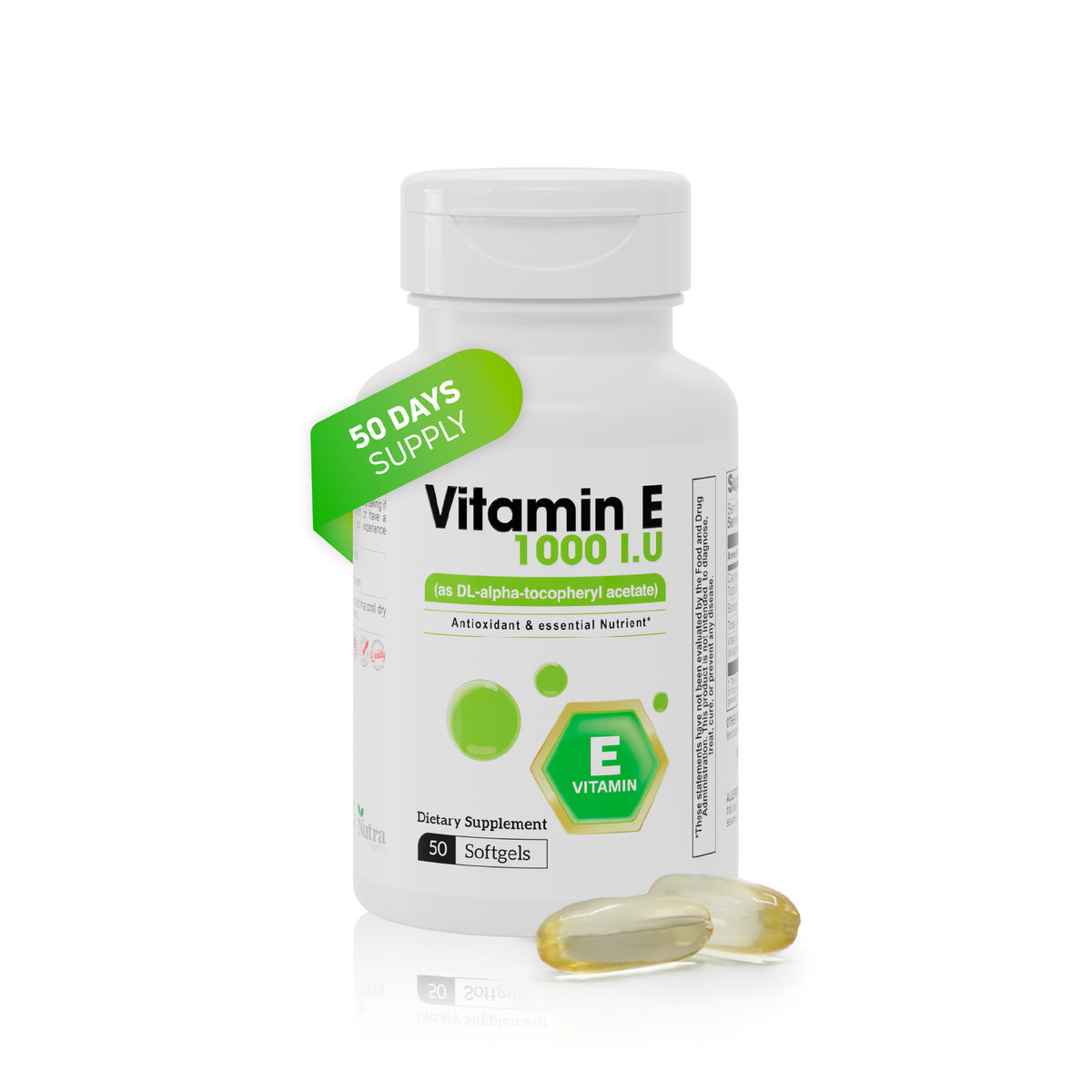 Vitamin E 1000 IU supplement bottle with 50 softgels and oil-based softgels displayed.