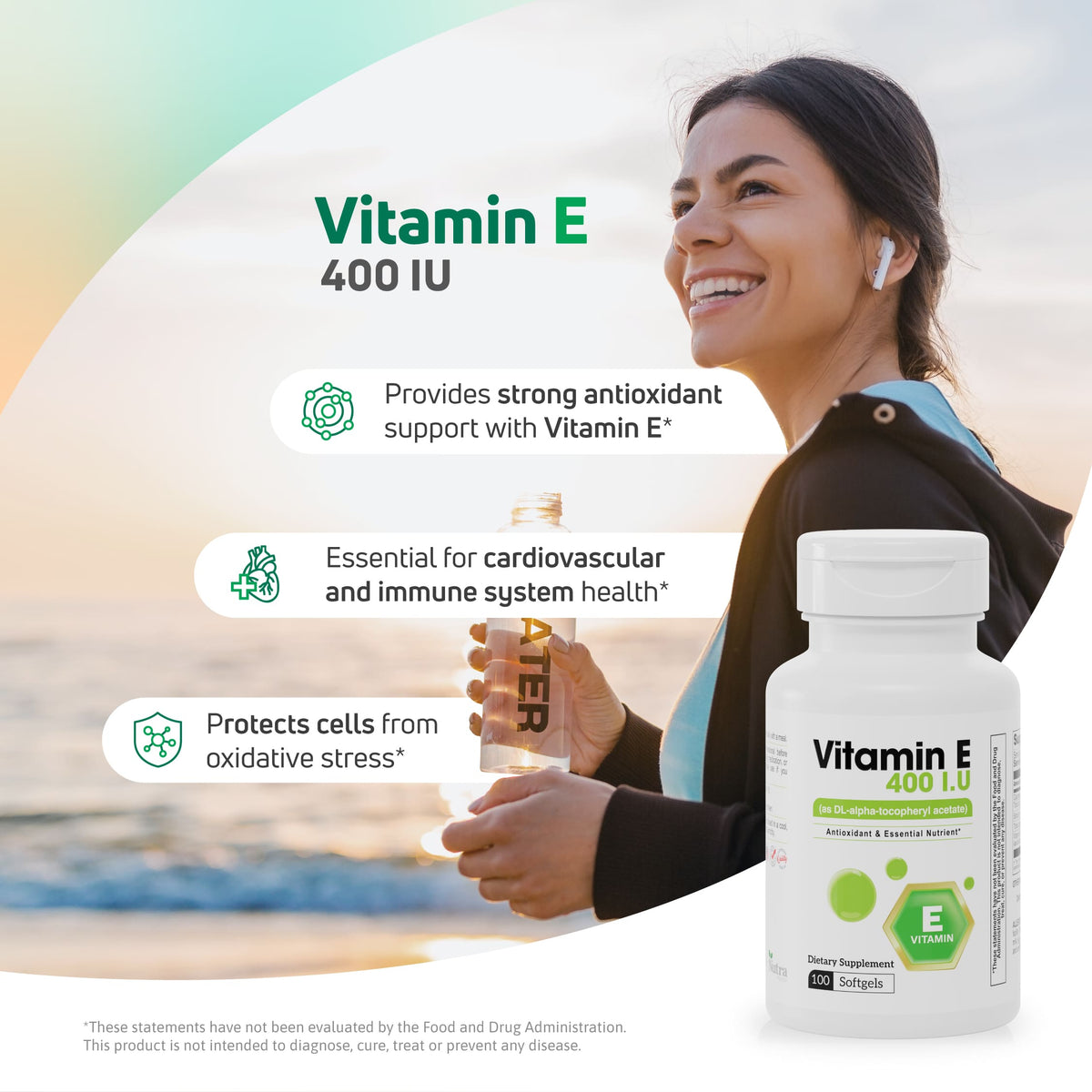 Active woman holding water with Vitamin E 400 IU supplement for antioxidant, cardiovascular, and immune support