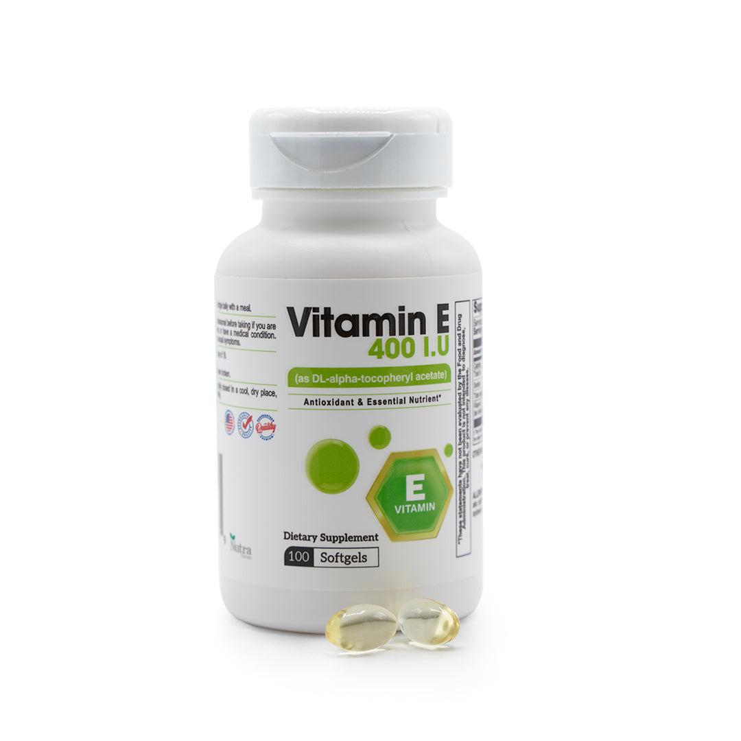 Vitamin E 400 IU supplement bottle with 100 softgels for antioxidant and essential nutrient support.