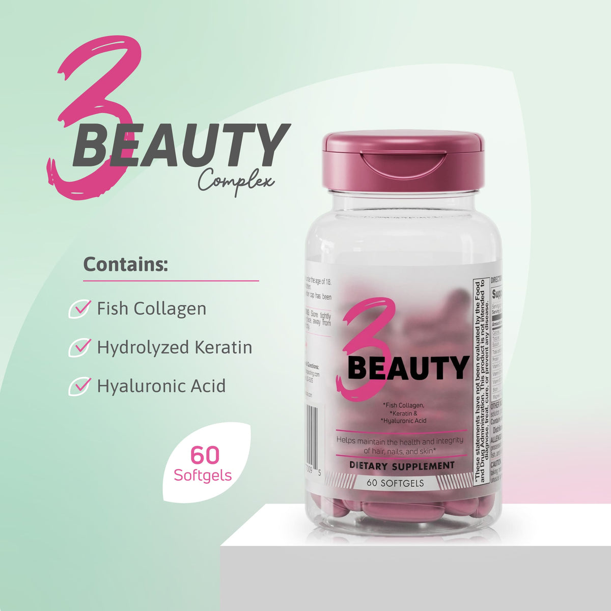 3 Beauty Complex supplement with fish collagen, hydrolyzed keratin, hyaluronic acid and 60 softgels