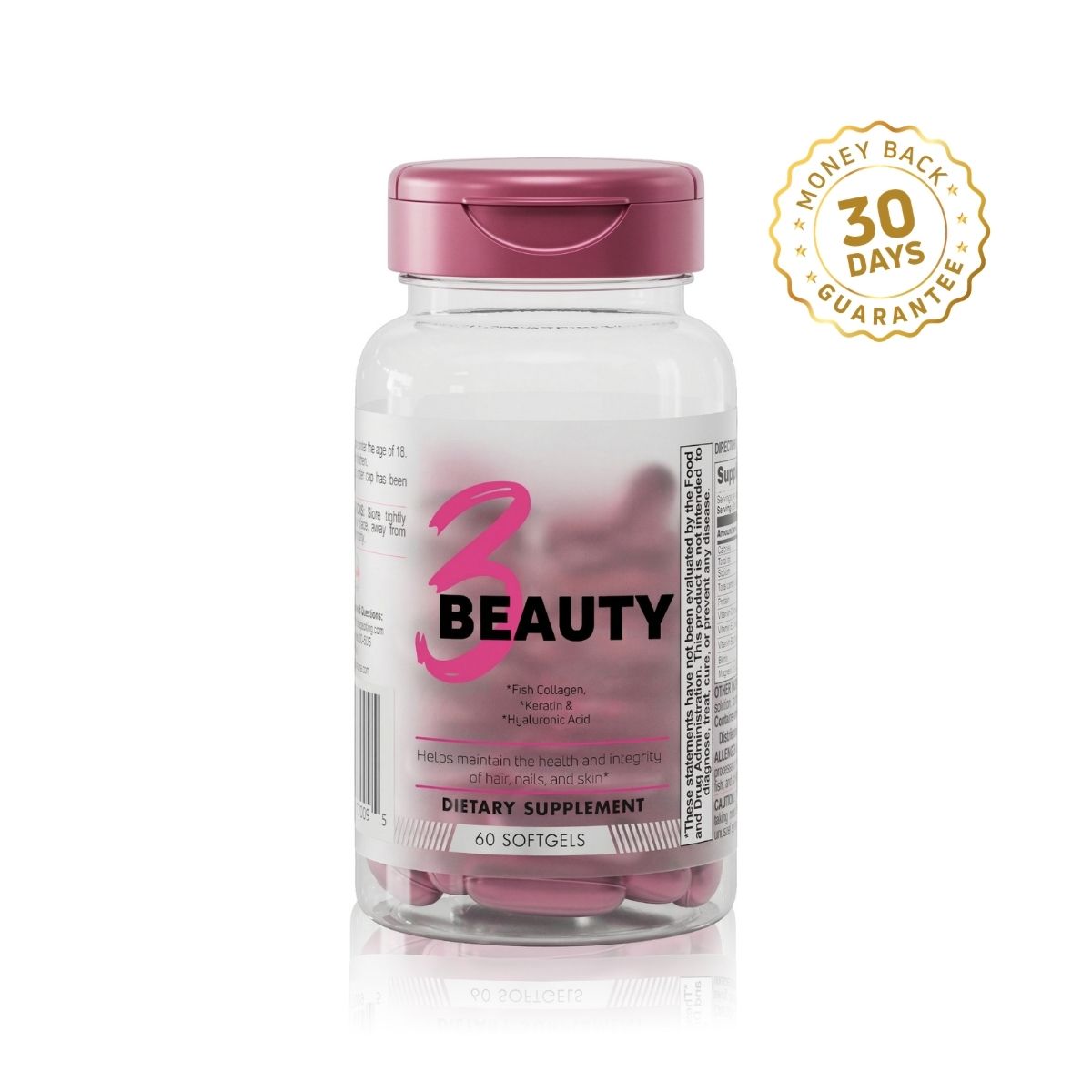 3 Beauty Complex supplement bottle with fish collagen, keratin, hyaluronic acid and 60 softgels