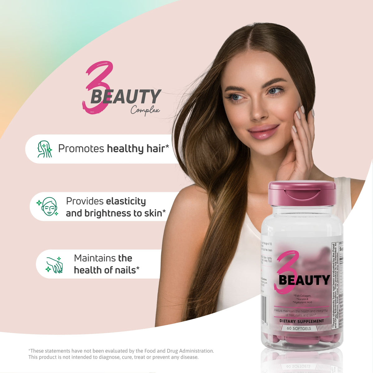 3 Beauty Complex supplement lifestyle image for healthy hair, skin brightness and nail health support