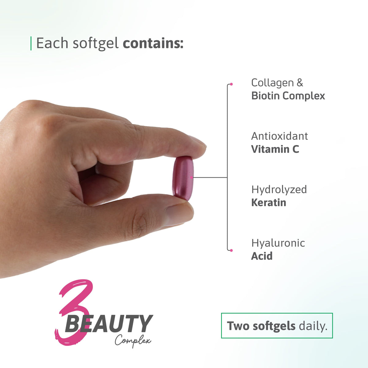 3 Beauty Complex softgel with collagen, biotin, vitamin C, hydrolyzed keratin and hyaluronic acid