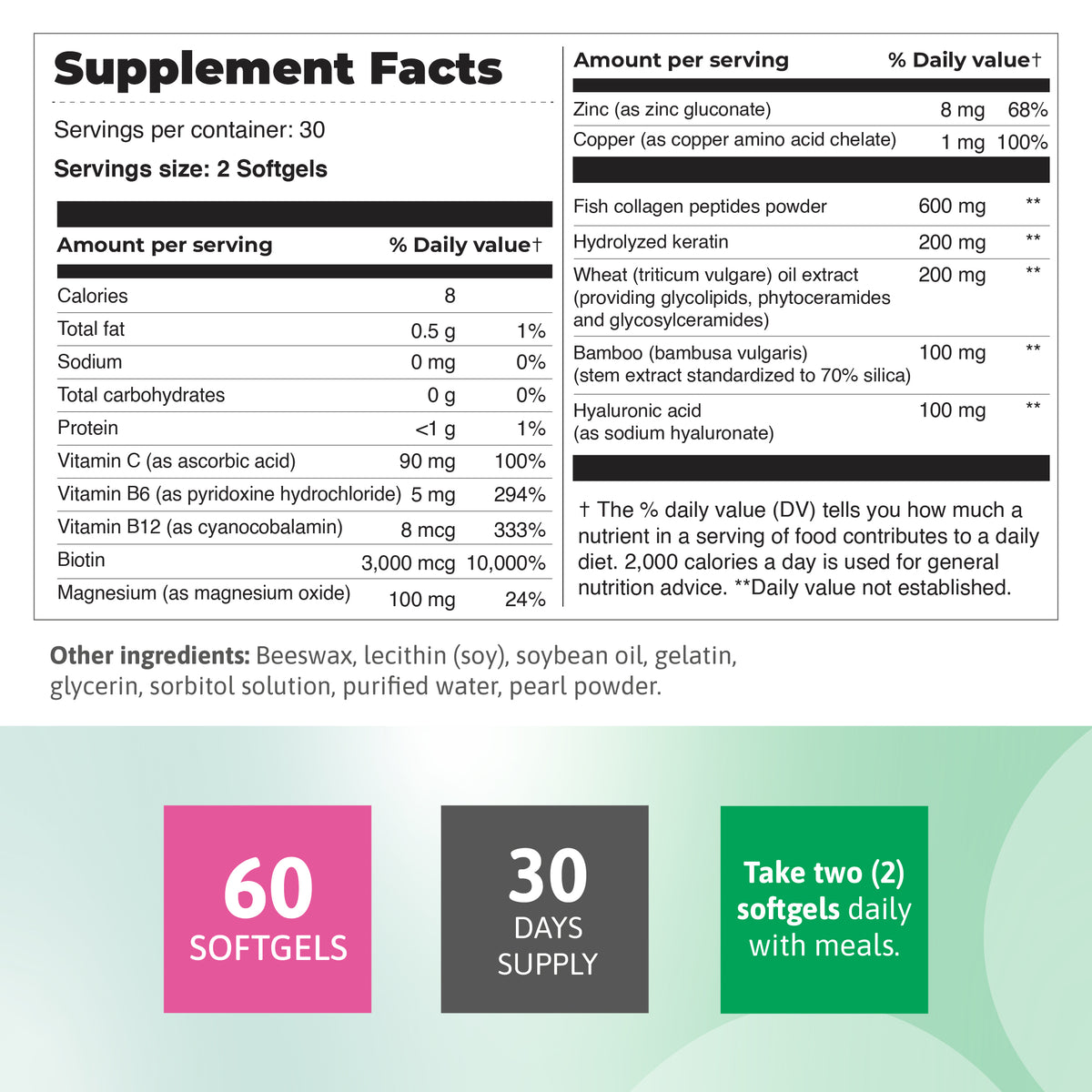 3 Beauty Complex supplement facts panel with fish collagen, biotin, keratin, hyaluronic acid and 60 softgels