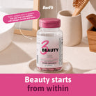 BenFit 3 Beauty supplement displayed in a self-care setting with biotin, collagen, keratin, and hyaluronic acid for hair, skin, and nail support.